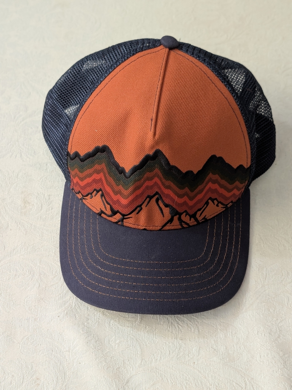 Pistil Navy Orange Trucker Hat Adjustable Mesh Back Graphic Outdoor One Size